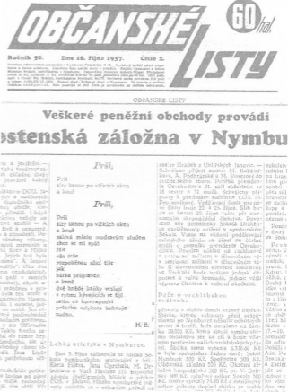 Hrabalův první publikovaný text - báseň Prší, Občanské listy, 16. 10. 1937